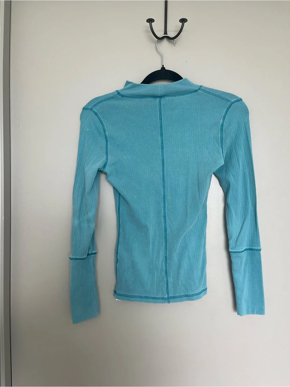 Free People Teal Ribbed Mock Neck Long Sleeve Top